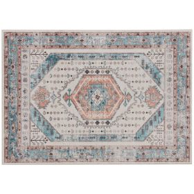 HOMCOM 4x6 Area Rug, Vintage Machine Washable Rug, Non-Slip Floor Carpet for Living Room, Bedroom, Dining Room, Brown and Blue