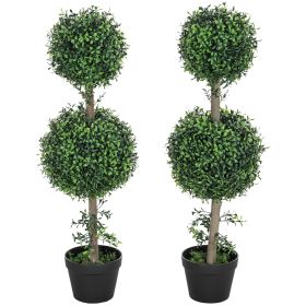 HOMCOM Set of 2 Artificial Ball Boxwood Topiary Trees, Fake Plants in Pot for Indoor Outdoor Living Room Green