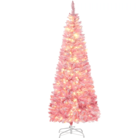 6ft Prelit Snow Flocked Artificial Christmas Tree With Pencil Shape, Pine Realistic Branches, Warm White LED Lights, Auto Open, Pink And White (Color: Pink)