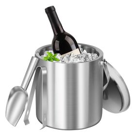 1 Set Double Wall Stainless Steel Insulated Ice Bucket 3L Ice Holder Ice Container With Lid Scoop Strainer Handle For Wine Champagne Beer Parties (Color: Silver)