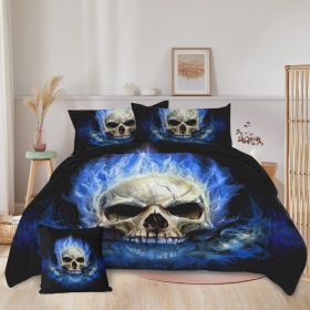 4 Piece Blue Fire Skull Comforter Set, 3D Skeleton Printed Bedding With 1 Comforter, 2 Shams, 1 Cushion Cover, Black Queen Size (Option: Queen-Black)