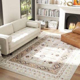 Machine Washable Area Rug 8x10, Non-Slip Boho Flannel Print Floor Carpet For Living Room, Bedroom, Dining Room, Brown (Color: Brown)