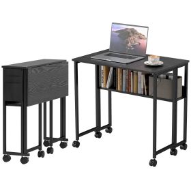 Folding Computer Desk, Foldable Desk With Storage Bag, Shelf And Wheels For Small Spaces, Home Office, Black (Color: Black)