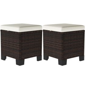 2 Piece Wicker Outdoor Ottomans With Cushions, Rattan Ottoman Footrest And Side Table For Patio, Yard, Poolside, Beige (Color: Beige)