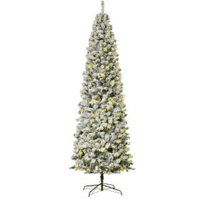 9ft Pre-Lit Snow-Flocked Slim Douglas Fir Artificial Christmas Tree With Realistic Branches, 550 LED Lights And 988 Tips (Color: Green)