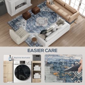 8x10 Area Rug, Vintage Washable Rug, Non-Slip Floor Carpet For Living Room, Bedroom, Dining Room, Blue (Color: Blue)