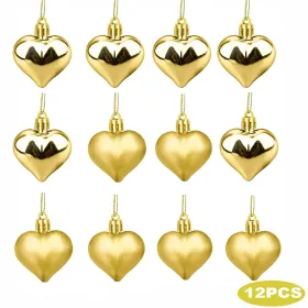 12PCS Christmas Heart Shape Ornaments Gold Red Pink Silver Heart Hanging Pendants Glossy And Matte Xmas Tree Decorations For Christmas Tree Party (Color: Gold)